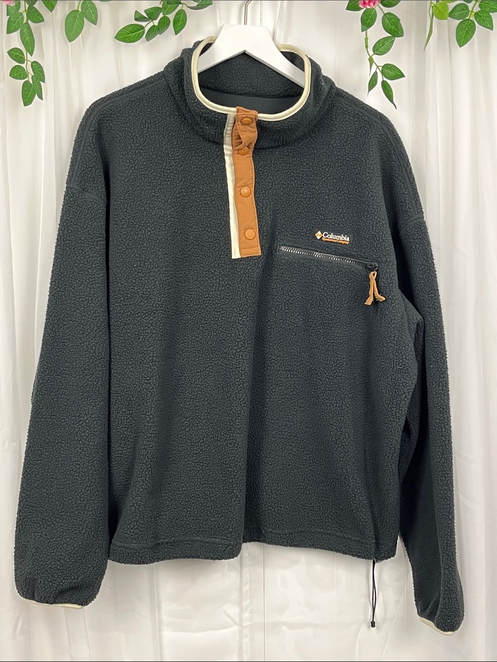 Columbia Sports Wear Sherpa Jacket 1X/1TF Black Tan Trim Snap Close Pocket EUC